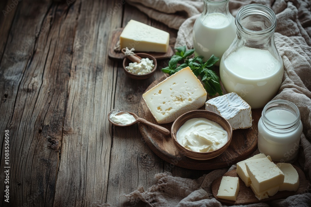 An inviting wooden table is adorned with diverse dairy products including creamy cheese, fresh milk, and rich butter, creating a homely atmosphere. Generative AI An inviting wooden table is adorned with diverse dairy products including creamy cheese, fresh milk, and rich butter, creating a homely atmosphere. Generative AI