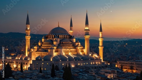 Islamic vertical photo. Suleymaniye Mosque with crescent moon. Ramadan or laylat al-qadr or kadir gecesi concept vertical photo - generative ai photo