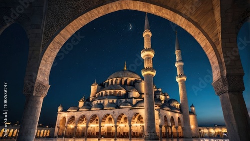 Islamic vertical photo. Suleymaniye Mosque with crescent moon. Ramadan or laylat al-qadr or kadir gecesi concept vertical photo - generative ai photo