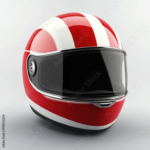 A retro red and white motorcycle helmet with stripes photo