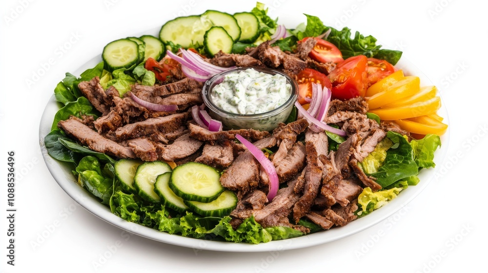 A platter of colorful Greek gyro salad with gyro meat slices, mixed greens, tomatoes A platter of colorful Greek gyro salad with gyro meat slices, mixed greens, tomatoes