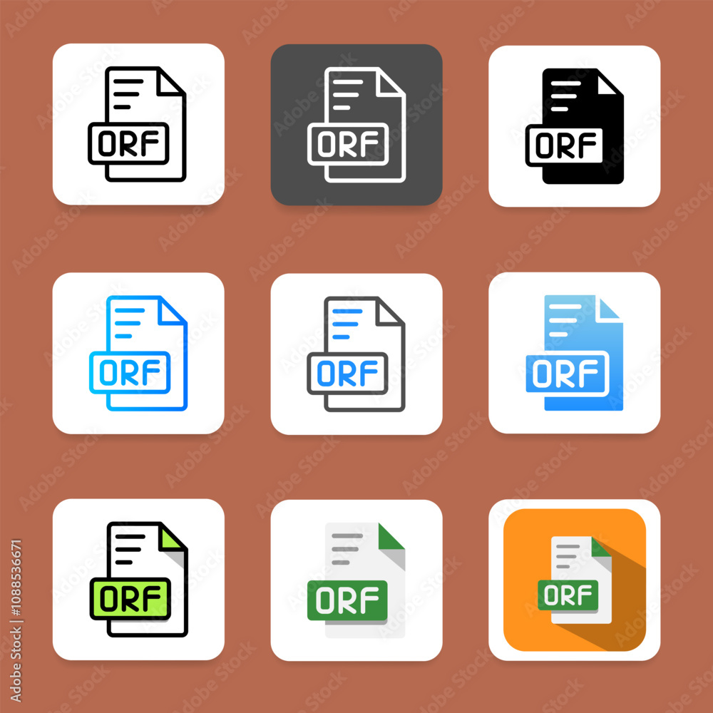 Set of orf document format icons with informative text labels Set of orf document format icons with informative text labels