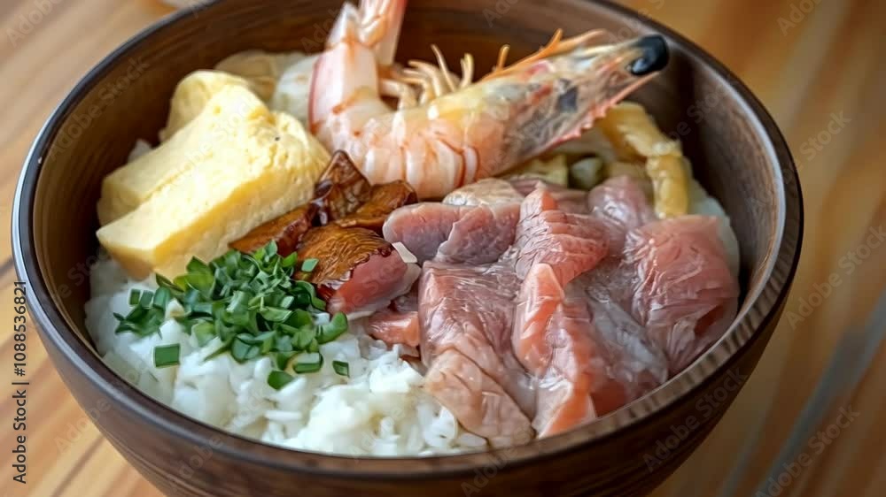 A dark wooden bowl overflows with a colorful array of seafood
