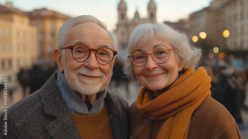 Elderly couple smiling together in a busy city square during golden hour with historic buildings in the background. Generative AI Elderly couple smiling together in a busy city square during golden hour with historic buildings in the background. Generative AI