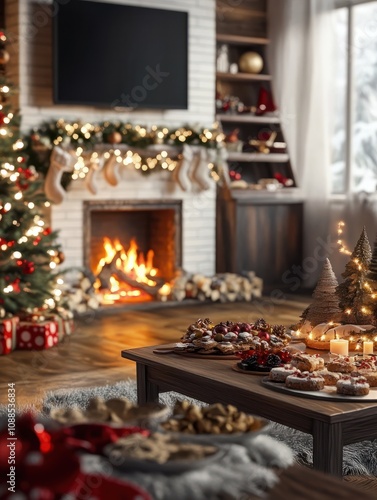 winter holidays, christmas and interior concept - decorated home room with fireplace on tv screen and christmas treats on table