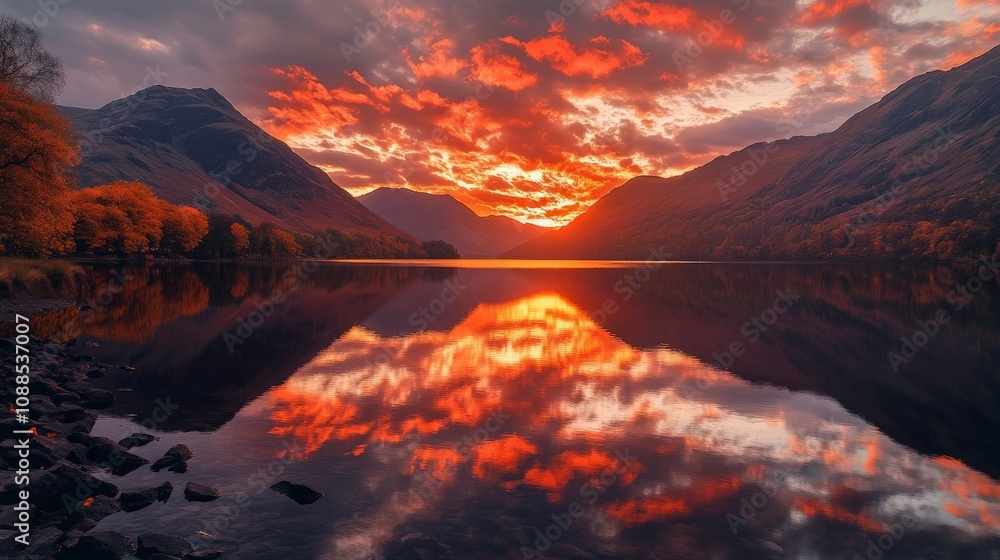 Fototapeta premium Stunning sunset over calming lake with mountains and vibrant clouds reflecting on water surface