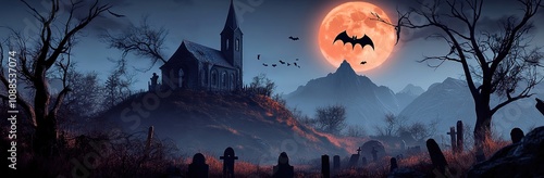 A spooky Halloween scene with an old church on top of the hill.