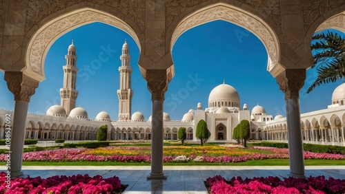 Sultan Qaboos Grand Mosque in Muscat, Oman with blue sky in background and flowers in the foreground - generative ai photo