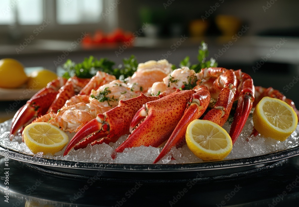 Freshly Prepared Seafood Platter Featuring Succulent Lobster and Crab Served with Lemon Wedges and Garnished with Fresh Herbs for an Elegant Presentation Freshly Prepared Seafood Platter Featuring Succulent Lobster and Crab Served with Lemon Wedges and Garnished with Fresh Herbs for an Elegant Presentation