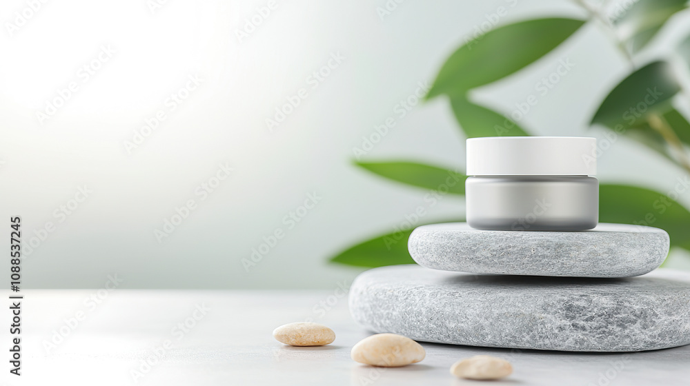 minimalist skincare cream jar on smooth stones with green leaves in background minimalist skincare cream jar on smooth stones with green leaves in background