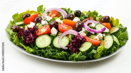 A platter of colorful Greek salad with crisp lettuce, juicy tomatoes, cucumbers