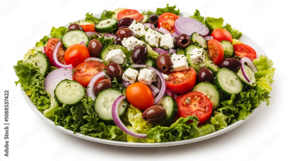 A platter of colorful Greek salad with crisp lettuce, juicy tomatoes, cucumbers A platter of colorful Greek salad with crisp lettuce, juicy tomatoes, cucumbers