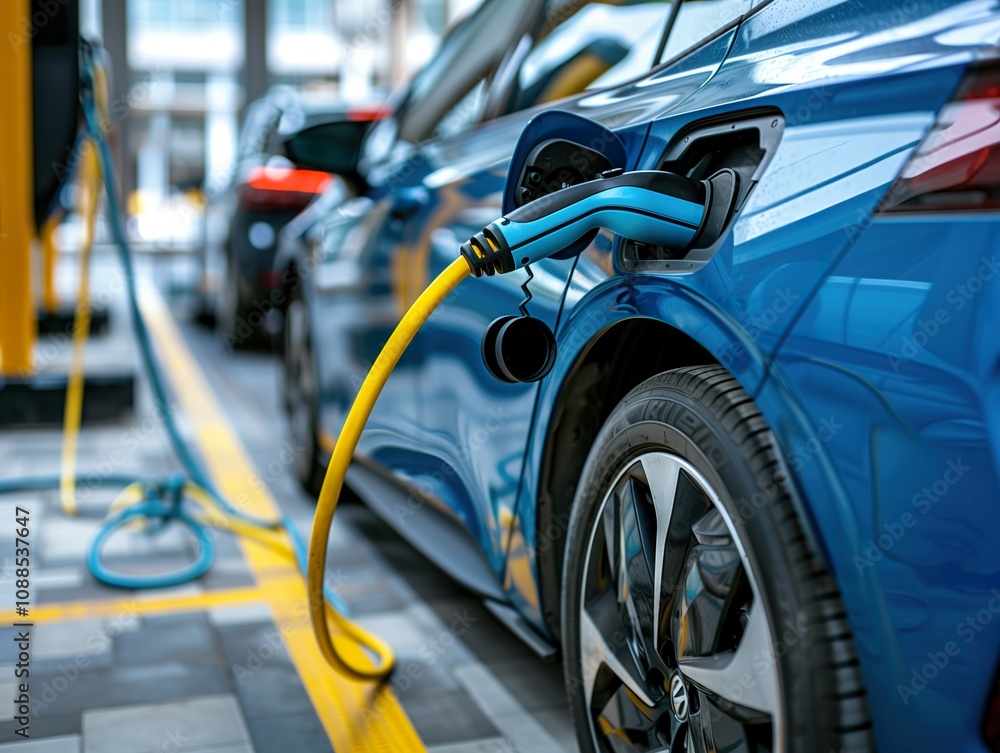 Naklejka premium A blue electric car is plugged into a charging station. A bright yellow cable connects the car to the charging point.