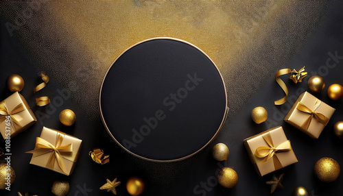 Festive Golden Gifts Arrangement on Dark Background Black Friday photo