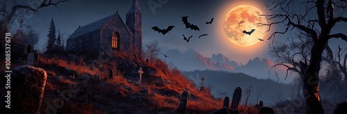 A spooky Halloween scene with an old church on top of the hill.