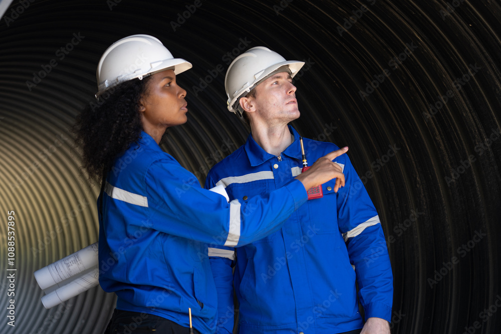 Two Heavy Industry Engineers Walking Inside Pipe Checking Welding. Construction of the Oil, Natural Gas and fuels Transport Pipeline. Industrial Manufacturing Factory. Two Heavy Industry Engineers Walking Inside Pipe Checking Welding. Construction of the Oil, Natural Gas and fuels Transport Pipeline. Industrial Manufacturing Factory.