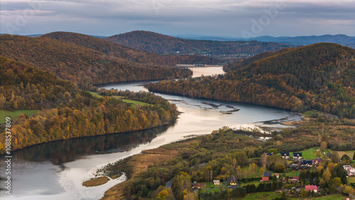 Aerial View of Solina Lake and Vibrant Autumn Colors in Bieszczad