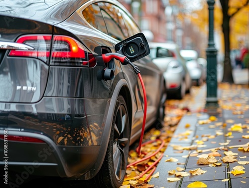 Electric Vehicle Charging Autumn Street Scene Sustainable TranA dark colored Electric Vehicle is charging on a city street strewn with autumn leaves. photo