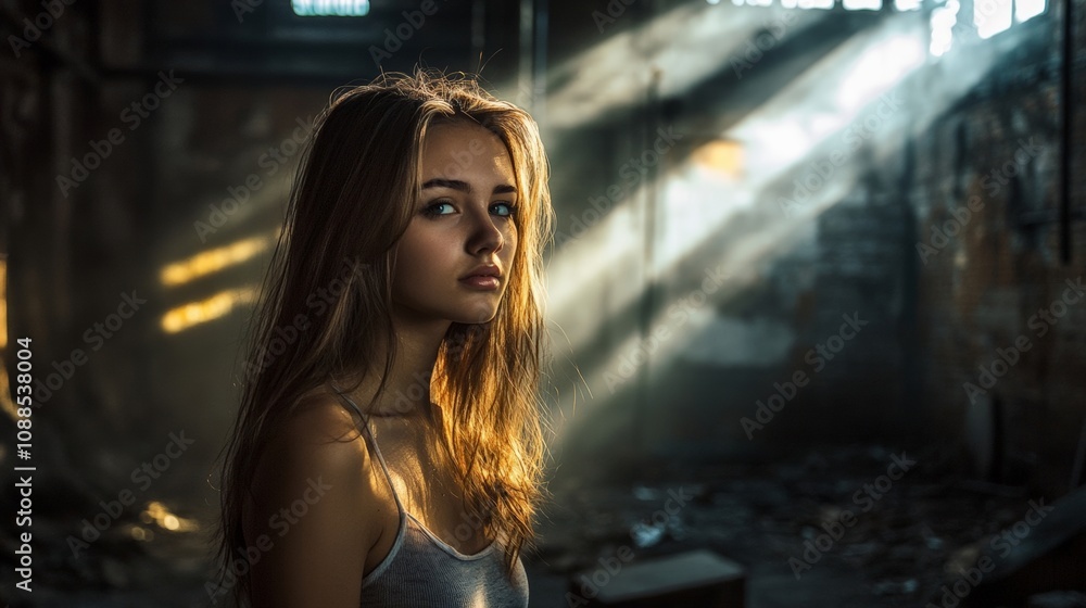 A young girl stands in a sunlit room with a haunting atmosphere, capturing the beauty of solitude and light through the shadows. A young girl stands in a sunlit room with a haunting atmosphere, capturing the beauty of solitude and light through the shadows.