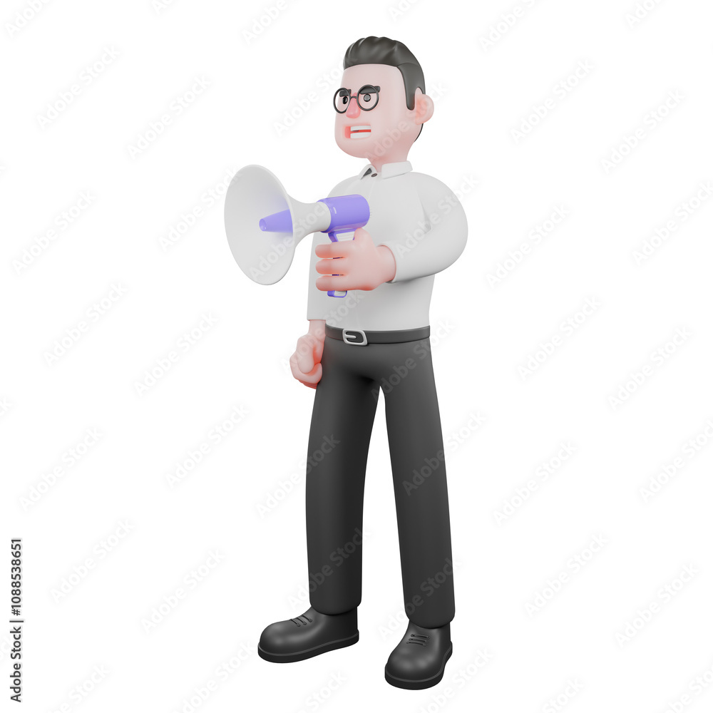 Cartoon Movie Director. A male producer sits on a work chair with his left hand holding a loudspeaker while looking up Animation Cartoon Movie Director. A male producer sits on a work chair with his left hand holding a loudspeaker while looking up Animation
