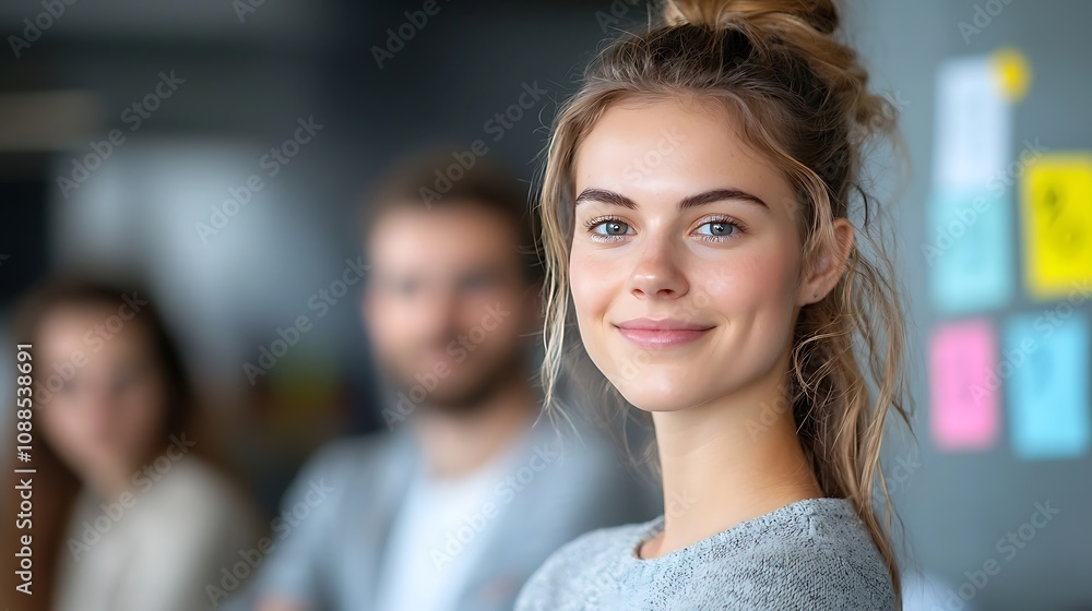 Confident young business woman with blond hair smiling at during creative office meeting with colleagues discussing ideas and strategies for startup or corporate company success and growth Confident young business woman with blond hair smiling at during creative office meeting with colleagues discussing ideas and strategies for startup or corporate company success and growth