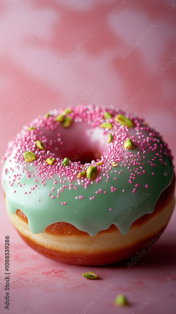 Mint Green Donut with Pink Sprinkles and Pistachios: A Delectable Dessert Mint Green Donut with Pink Sprinkles and Pistachios: A Delectable Dessert