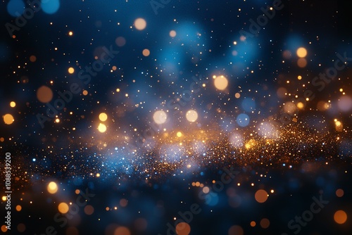 "Chic Abstract Design: Dark Blue and Gold Particles with Festive Golden Bokeh and Foil Texture for Holiday Elegance"