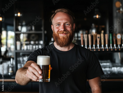 Smiling Bearded Man Holding a Pint of Beer in a Cozy Pub 