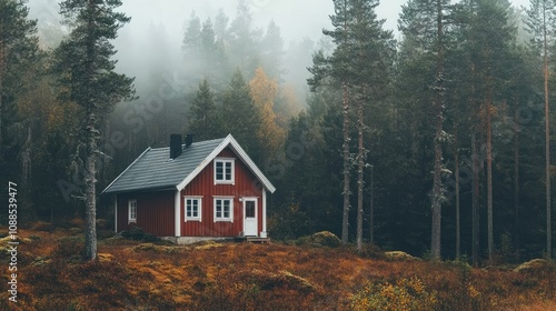 Scandinavian cottage with white accents, pine forest background 