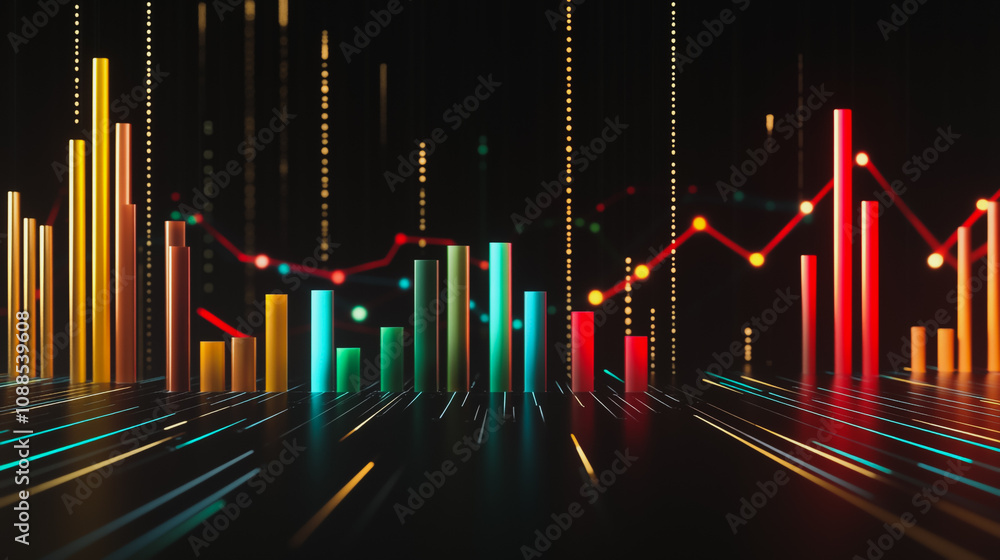 Abstract black background with Colorful charts and graphs with statistics to innovative analyze business potential and forecast future development of companies growth. Abstract black background with Colorful charts and graphs with statistics to innovative analyze business potential and forecast future development of companies growth.