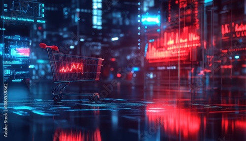 Futuristic Shopping Cart Surrounded by Digital Data Visualization and Neon Lights, Symbolizing E-commerce Trends and Technological Advancements in Retail