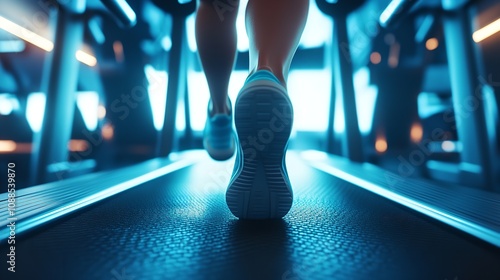  Close-Up on Women's Shoe Running in a Gym on a Treadmill photo