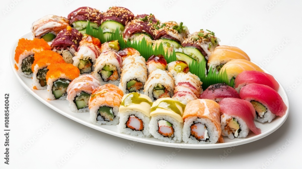 A platter of colorful sushi rolls with tuna, salmon, and avocado A platter of colorful sushi rolls with tuna, salmon, and avocado