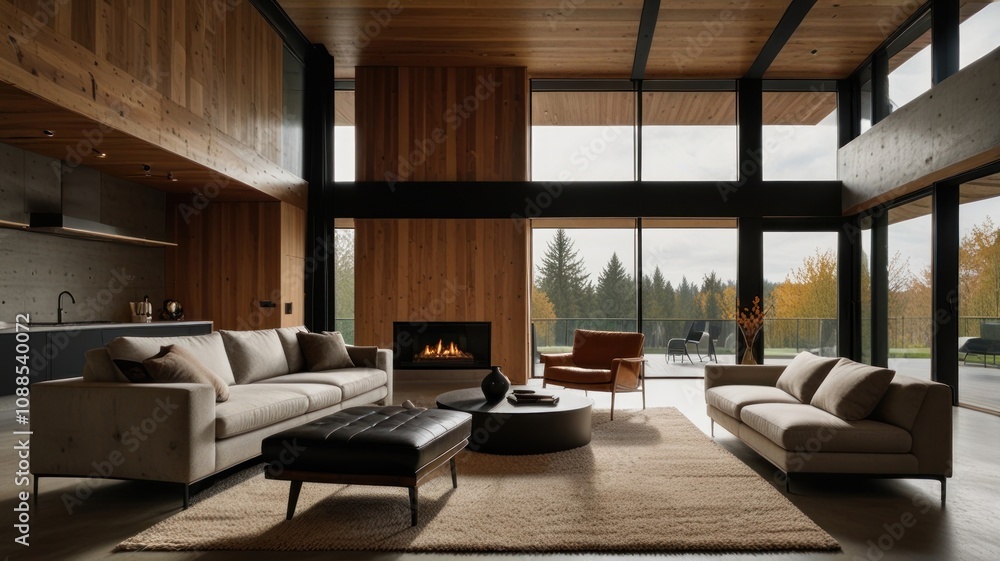 Modern living room with high ceilings, wood paneling, large windows, and forest view. Modern living room with high ceilings, wood paneling, large windows, and forest view.