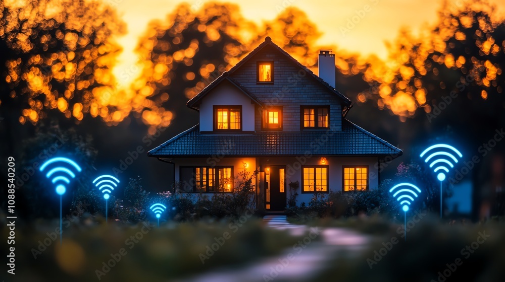 A charming house illuminated at sunset, symbolizing connectivity with digital signals. A charming house illuminated at sunset, symbolizing connectivity with digital signals.