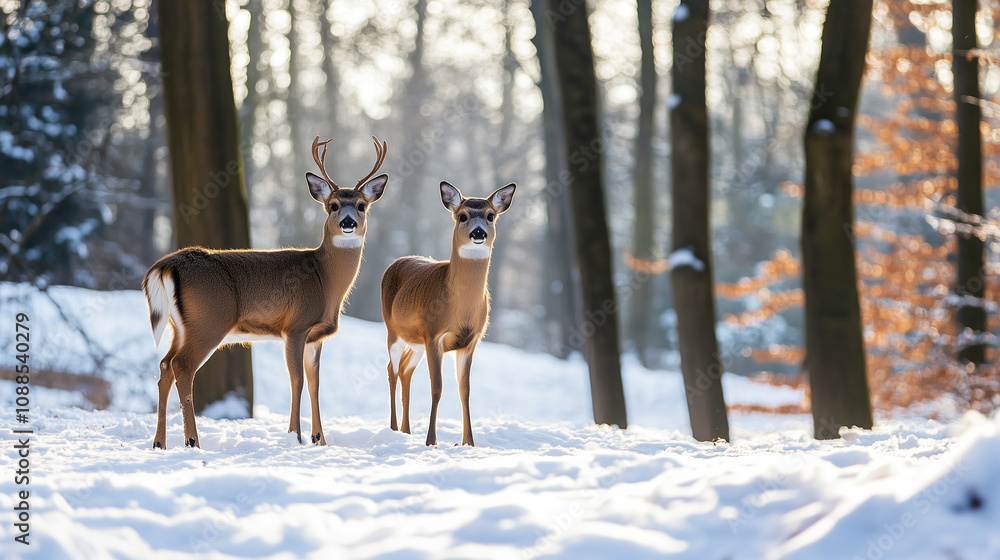 Obraz premium Two alert deer standing in a snowy forest surrounded by tall trees on a crisp winter day