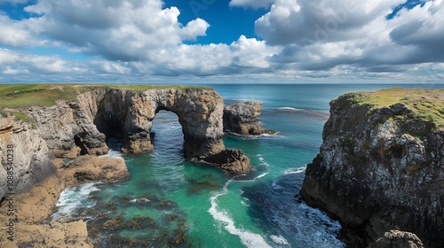 Panoramic view of Broken Beach's dramatic coastline, with rugged cliffs, the turquoise sea, and the iconic rock arch, under a partly cloudy sky photo