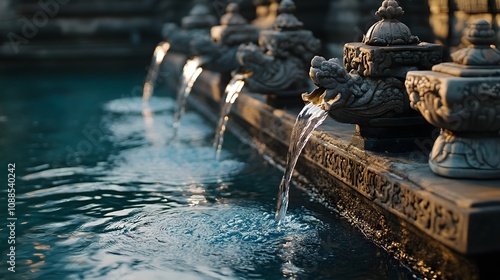 Close-up of the holy water spouts at Tirta Empul Temple, with water flowing into the stone pool, intricate carvings around the spouts, and reflection of the temple architecture in the water photo