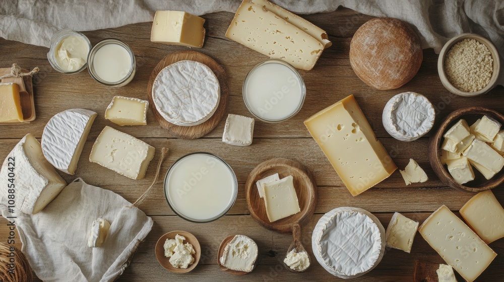 A variety of fresh dairy products like milk, cheese, and butter are artfully arranged on a rustic wooden table for a wholesome feast. Generative AI A variety of fresh dairy products like milk, cheese, and butter are artfully arranged on a rustic wooden table for a wholesome feast. Generative AI
