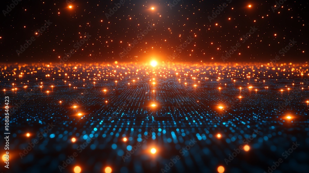 Fototapeta premium A digital landscape depicting shimmering lights and data streams in a futuristic setting.