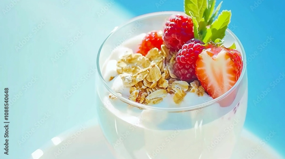 Fresh and Delicious Yogurt Parfait with Strawberries, Raspberries, and Crunchy Granola in a Clear Glass on a Bright Blue Background Fresh and Delicious Yogurt Parfait with Strawberries, Raspberries, and Crunchy Granola in a Clear Glass on a Bright Blue Background