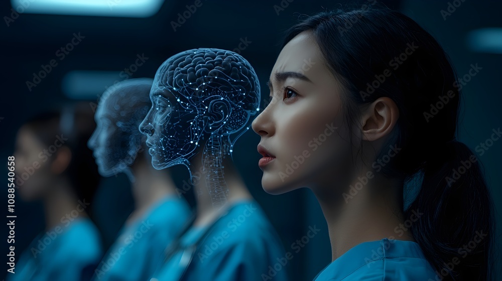 Woman Observing Digital Brain Scan Woman Observing Digital Brain Scan