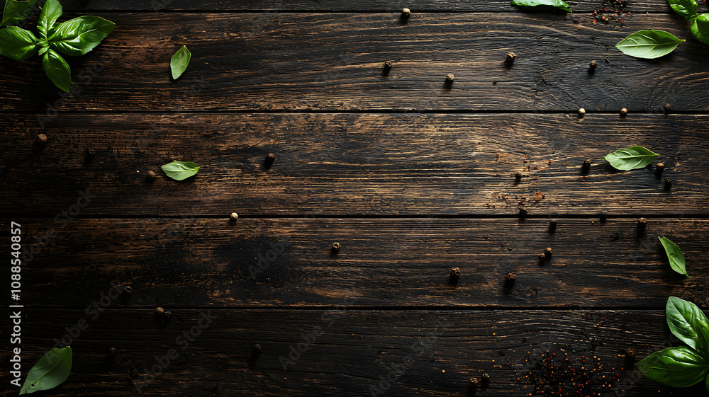 dark wooden countertop texture with scattered spices and fresh basil leaves creates rustic and inviting atmosphere. Perfect for culinary inspiration dark wooden countertop texture with scattered spices and fresh basil leaves creates rustic and inviting atmosphere. Perfect for culinary inspiration