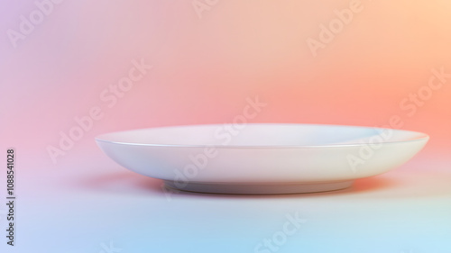 simple white plate on soft, blurred pastel background creates serene atmosphere. This evokes sense of calm and minimalism, perfect for various design projects