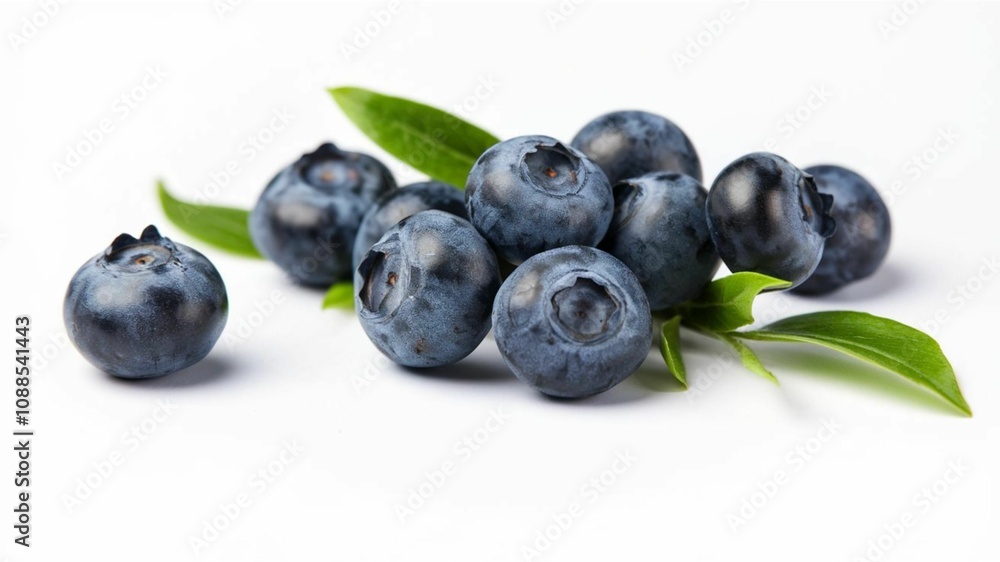 Fresh blueberries with green leaves on white. Fresh blueberries with green leaves on white.