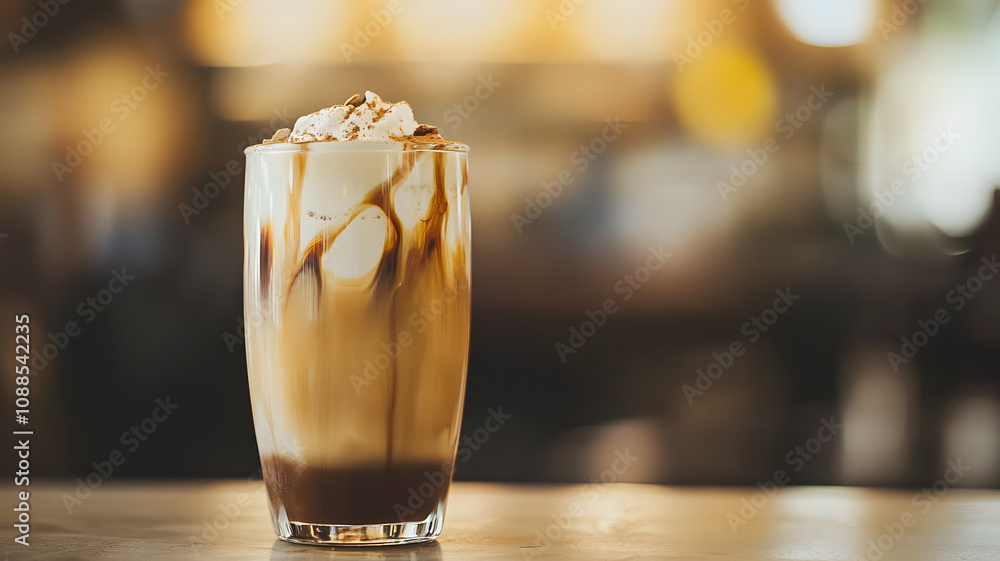 delicious iced coffee drink with whipped cream and caramel swirls, perfect for warm day. mocha and caramel tones create smooth gradient, inviting and refreshing delicious iced coffee drink with whipped cream and caramel swirls, perfect for warm day. mocha and caramel tones create smooth gradient, inviting and refreshing