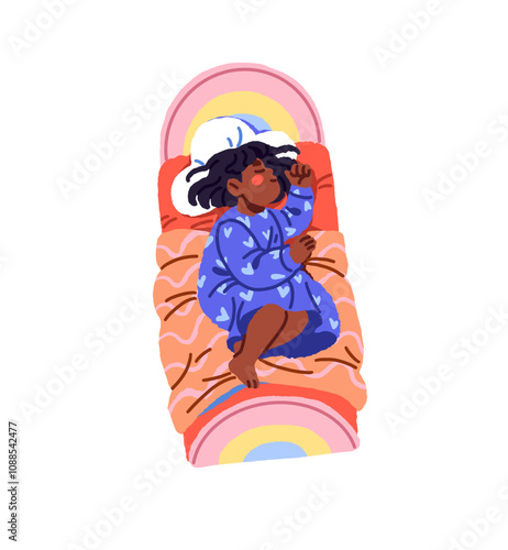 Happy kid in cute dress dreams in bed at night top view. Asleep girl in pajamas has a rest on pillow. Tired child sleeps, naps on blanket. Flat isolated vector illustration on white background