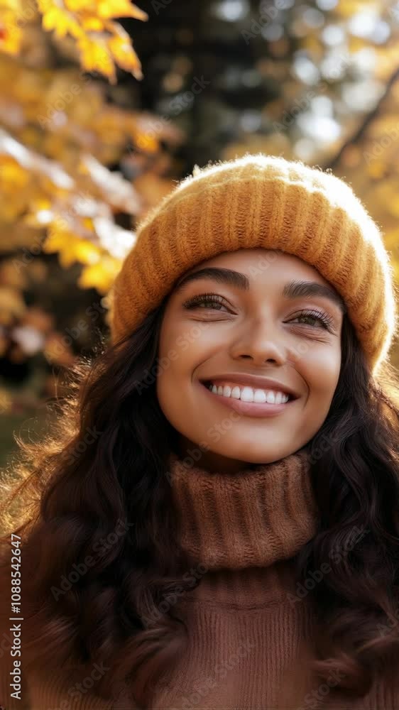 A smiling young woman in the park in autumn, vertical footage A smiling young woman in the park in autumn, vertical footage