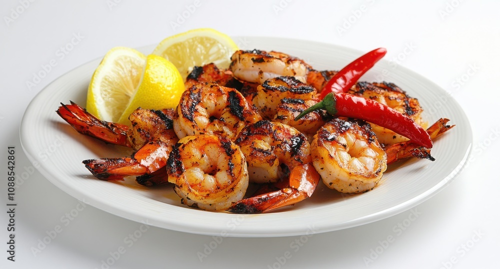 Grilled Shrimp Garnished with Lemon and Chili Peppers Served on a White Plate, Perfect for Food Lovers and Culinary Enthusiasts Seeking Delightful Seafood Dishes Grilled Shrimp Garnished with Lemon and Chili Peppers Served on a White Plate, Perfect for Food Lovers and Culinary Enthusiasts Seeking Delightful Seafood Dishes