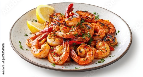 Grilled Shrimp Platter with Fresh Lemon Slices and Herbs, Perfectly Cooked for a Delicious Seafood Meal or Gourmet Dish Presentation